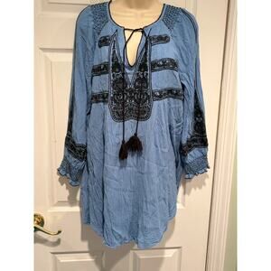 Free People Blue Embroidered Tunic Top S Boho Peasant Tassel Mini Dress Blouse
